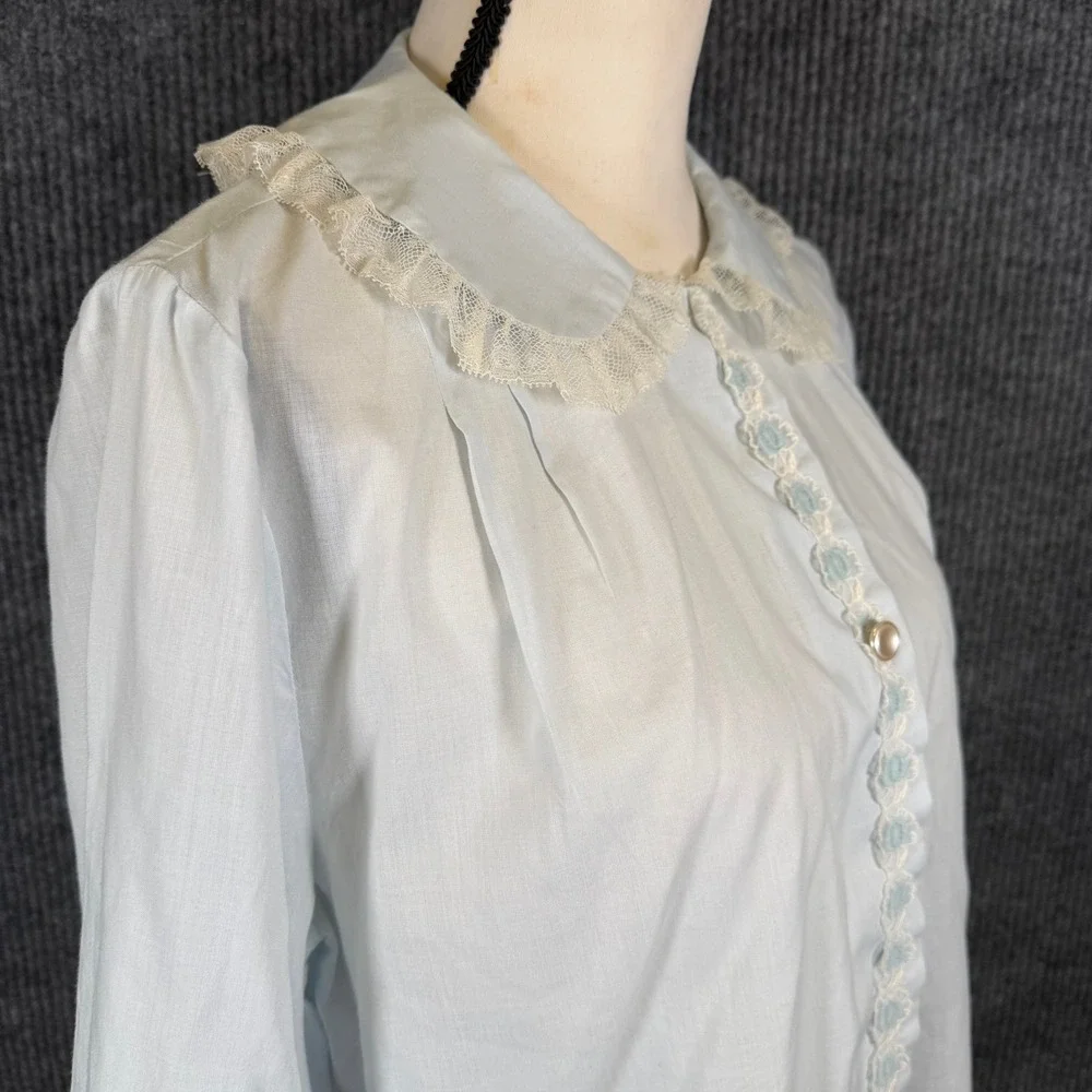 VTG 50s 60s Bed Jacket Sz M Blue Lace Trim Peter Pan Collar Embroidered Coquette
